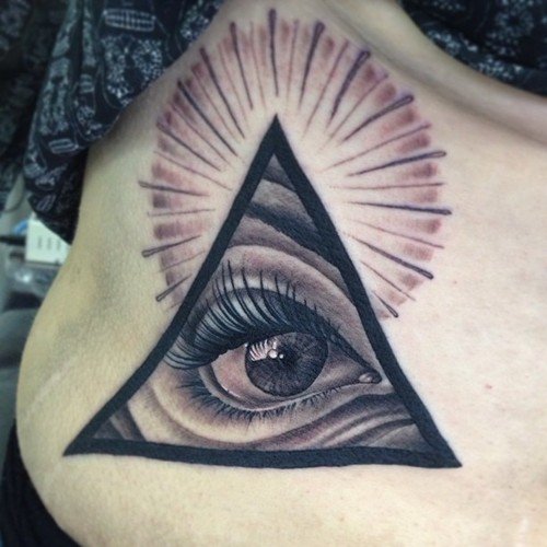 Grey Ink Illuminati Eye Tattoo On Back